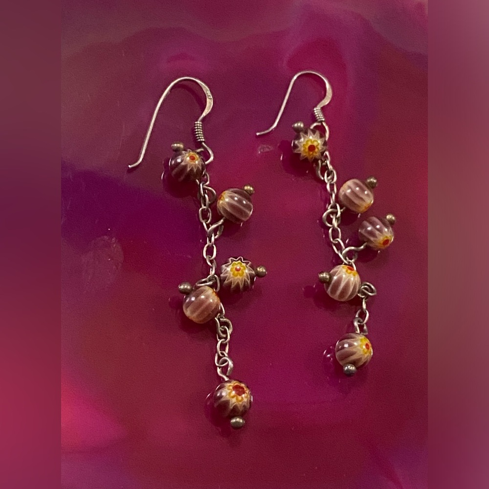 Sterling Silver Millefiori Bead Dangling Pierced Earrings #7772